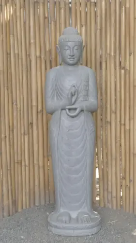 Product image of the product “Standing Buddha made of Riverstone in Dharmachakra position - gesture of wheel of the teaching of Dharma. About 153cm height. ”
